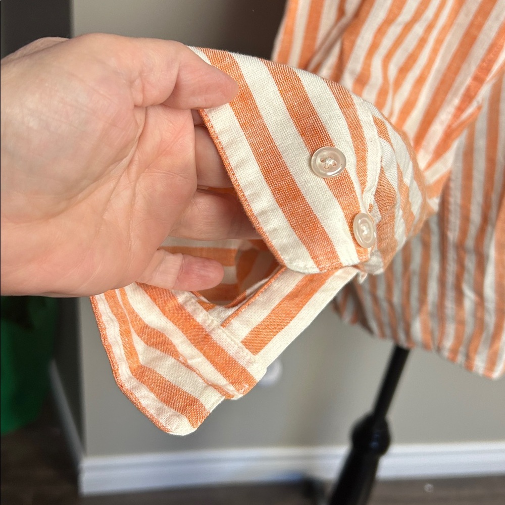 H&M Linen blend Orange White Striped Button Up Shirt Relaxed Summer Top L - Picture 3 of 8